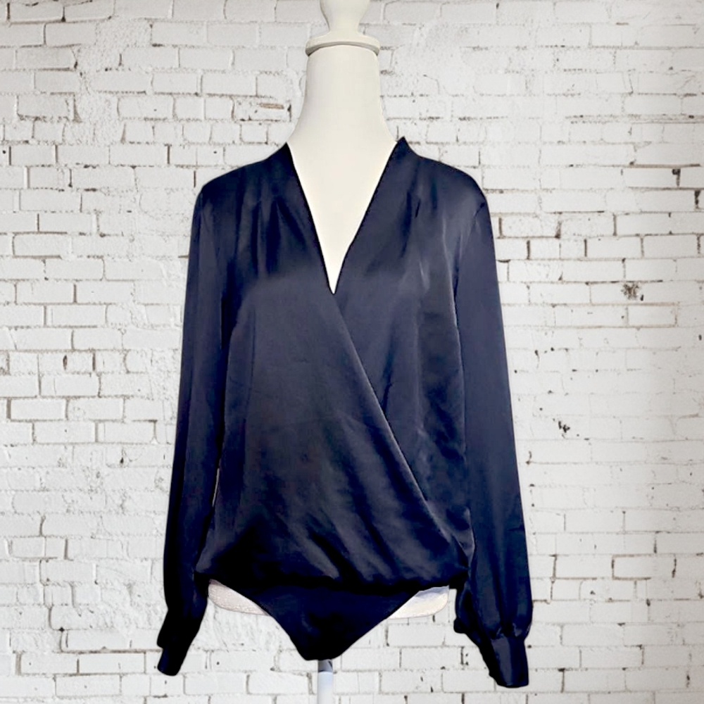 EUC Abercrombie & Fitch Black Faux Silk Wrap Bodysuit Sz L